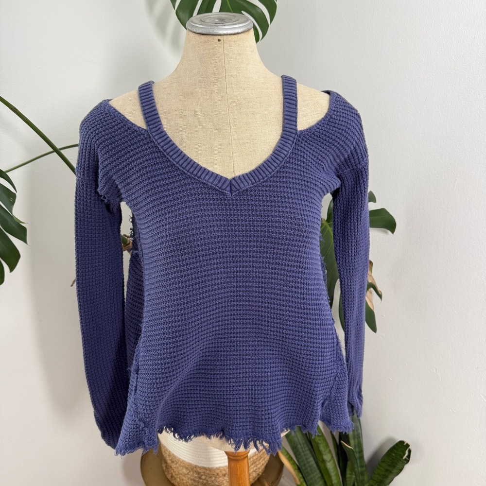 Free People Waffle Knit Cold Shoulder Sweater Distressed Fringe Blue XS